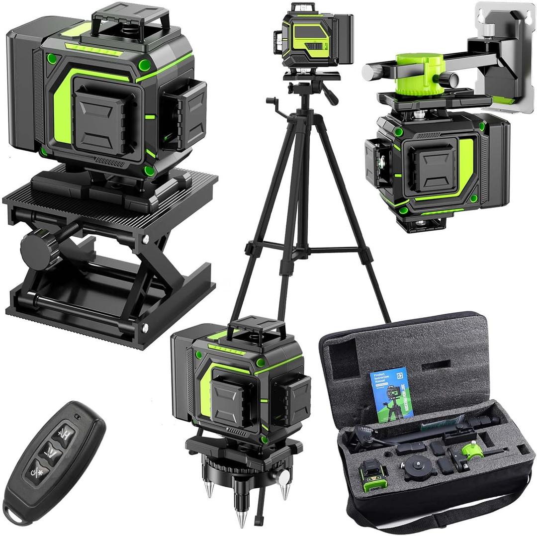 16 Line Laser Level 360 Self Leveling, 4x360Professional 4D Green Cross Line laser Level with 2 Batteries, Adjustable Brightness & Remote Control, for Tiling Floor Construction and Picture Hanging