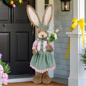 DR.DUDU Easter Bunny Decor, 2.7 FT Large Sisal Rabbit Outdoor Decorations with Flowers for Porch, Tall Standing Easter Bunnies Statue Topiary for Home Indoor Farmhouse Spring Decor