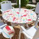 misaya Round Tablecloth, Fitted Table Cover with Umbrella Hole, 100% Waterproof, Elastic Edge, Flannel Backing, Plastic Table Cloth Fit 45"-56" Round Tables for Patio, Picnic, Outdoor, Flowers (Off White)