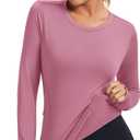 Loovoo Thermal Shirts for Women Long Sleeve Workout Tops Crewneck Fleece Base Layer Running Athletic Tee with Zipper Pocket (Small, 1-grey Pink)