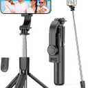 Portable Selfie Stick, 4 in 1 Extendable Phone Tripod Stand with Detachable Wireless Remote & Phone Holder 360 Rotating Mini Travel Tripod Compatible with iPhone 16/15/14/13 Pro/Android/Gopro