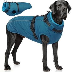 PUMYPOREITY Dog Coats for Large Dogs, Warm Dog Coat with Harness Built in, Reflective Jackets for Dogs, Waterproof Dog Snow Coat, Fleece Lined Winter Dog Jackets for Large Dogs, Labrador, Blue, XL