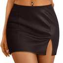 LILLUSORY Womens Leather Mini Fall Skirt with Slit Brown, Medium
