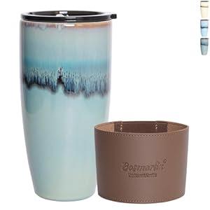 Bosmarlin Ceramic Travel Coffee Mug with Lid, 21 oz, Portable Coffee Cup for Car Cup Holder, Microwave and Dishwasher Safe, Reactive Glaze