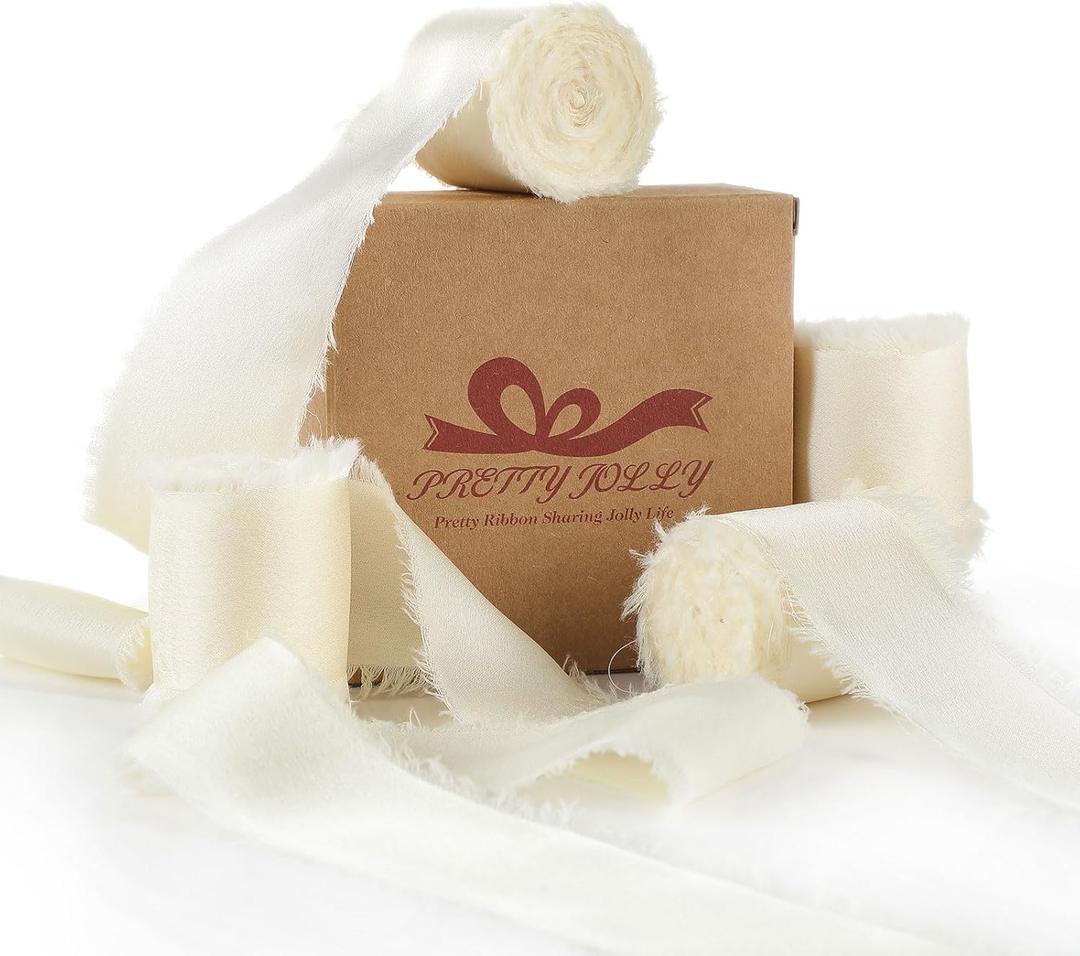 Pretty Jolly Cream Silk Satin Ribbon for Flower Bouquet 4 Rolls 1 1/2 Inch x 5Yd Handmade Frayed Fabric Ribbons for Gift Wrapping,Crafts,Baby Shower,Wedding Invitations,Hair Bows and Holiday Decor