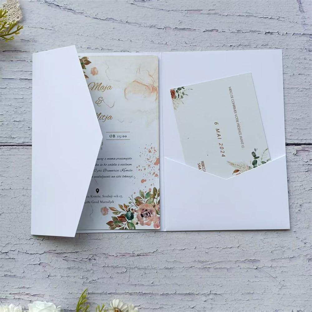 White Matte Invitation Pocket Folders With Envelopes For Wedding Engagement Bridal Shower Baby Shower Birthday 20 sets (white)