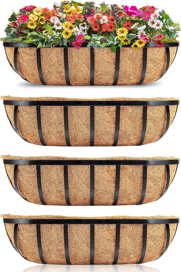 Y&M Window Boxes Horse Trough with Coconut Coir Liner, 24 Inch Window Deck with Coco Liner, Fence Metal Hanging Flower Planter Window Basket Deck Railing Planter Boxes (24in 4P)