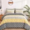 WONGS BEDDING Boho Comforter Set Queen Size,7 Pieces Bed in a Bag Bohemian Striped Bedding Set,Yellow Paisley Floral Comfortet and Sheet Set,Soft Microfiber Bedding Sets for All Season