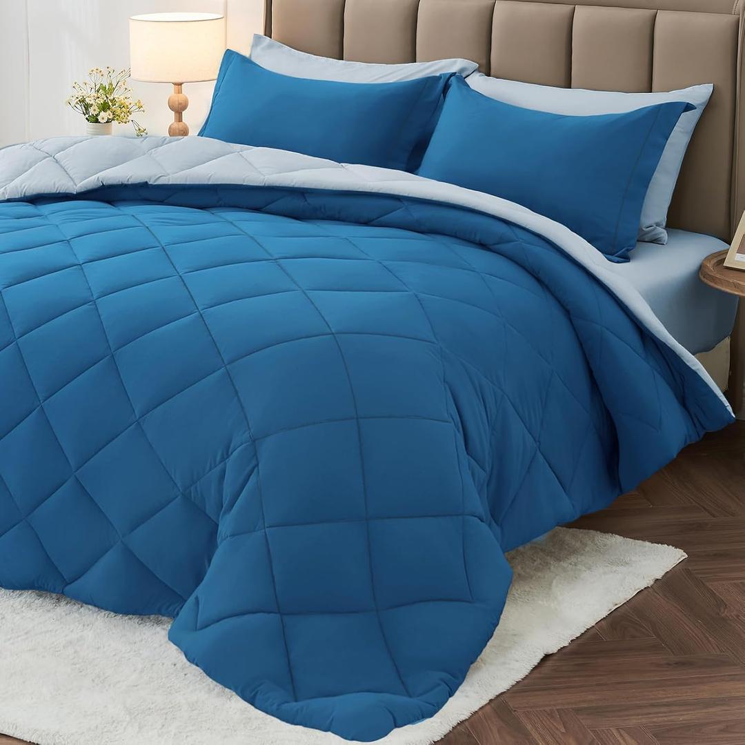MUXHOMO 7 Pieces Queen Comforter Set, Reversible Bed in a Bag Queen Size, All Season Bedding Set with Comforter, Flat Sheet, Fitted Sheet, Pillowcases & Shams, Teal & Lake Blue (Queen (88"x88"))