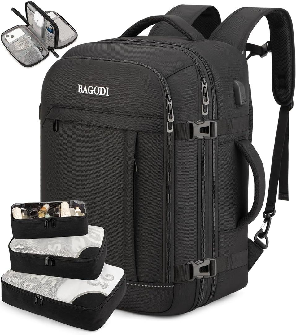 Carry On Travel Backpack for Men & Women, 42L Flight Approved Backpack with USB Port, Anti-Theft Design, 4 Packing Cubes, Expandable Water-Resistant 17 Inch Laptop Bag for Business, Weekend, Hiking (Black)