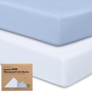 2-Pack Waterproof Crib Sheets for Boys, Girls - 52x28 Fitted Organic Cotton Baby Crib Sheets, Toddler Mattress Protector Cover, Washable, Soft & Durable Baby Bedding Essentials (Blue Flax)