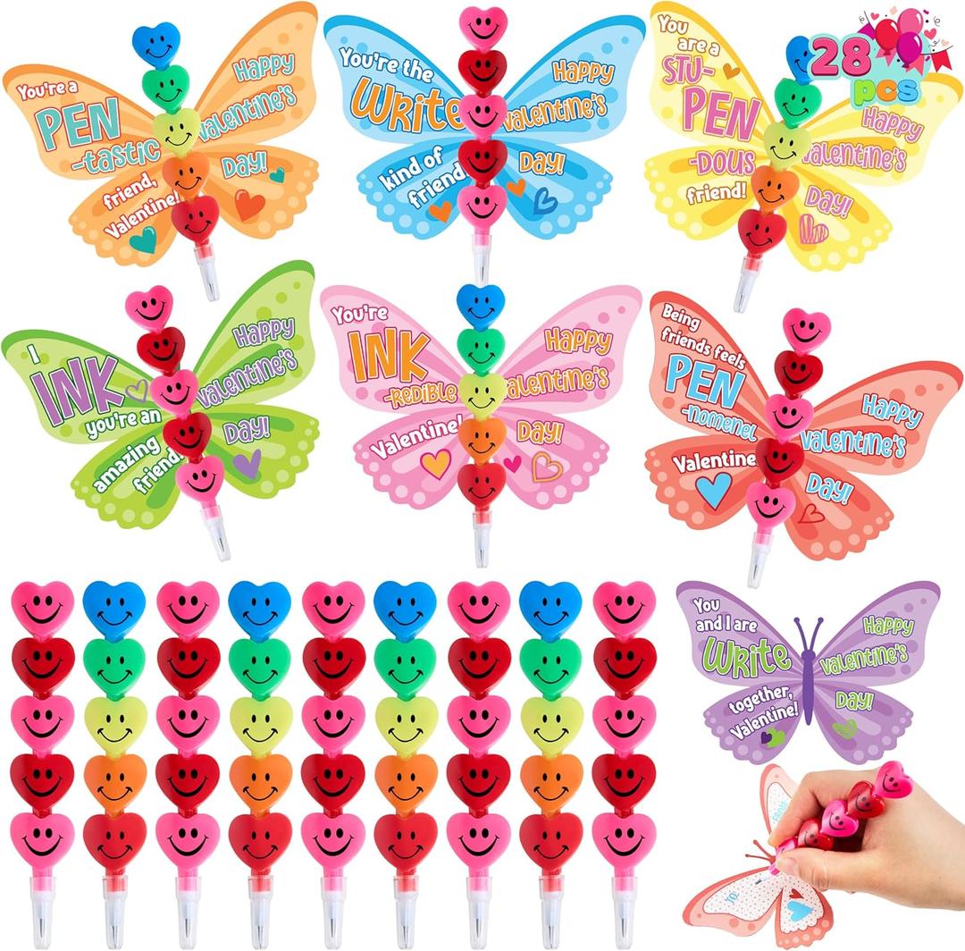 JOYIN 28PCS Valentines Day Butterfly Pencils and Cards, Stationery Kids Party Favor Set, Assorted Gift for School Classmates Exchange Holiday Reward Prizes
