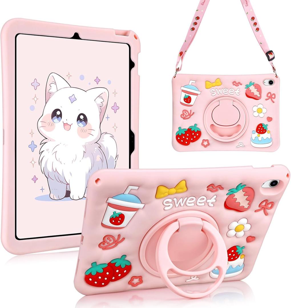 Case for iPad A16 11th Generation 2025 10th Generation Case 2022 for Kids Girls with 360 Degree Kickstand Shoulder Strap Pink Heavy Duty Shockproof Protective iPad 11 inch 10.9 inch Cover