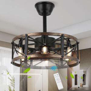 19" Farmhouse Fandelier Ceiling Fan with Light, Caged Bladeless Ceiling Fans with Lights and Remote, Modern Small Enclosed Ceiling Fans with Lights for Living Room, Bedroom, Black - ETL