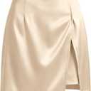 Cicy Bell Womens Satin Mini Skirt High Waist Side Slit Work Casual Skirts | Built-in Shorts, A-line, Silky Wrap Skort, Dressy Office Wear (Beige, L)