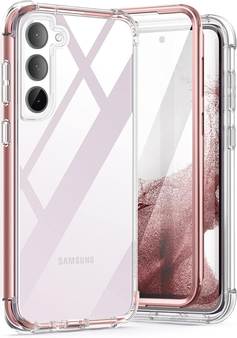 SURITCH for Samsung Galaxy S23+ Plus Clear Case 6.6" (Only), [Built-in Screen Protector] Full Body Protective Hard Shell+Soft TPU Phone Case for Samsung S23 Plus -(Rose Gold Edge)