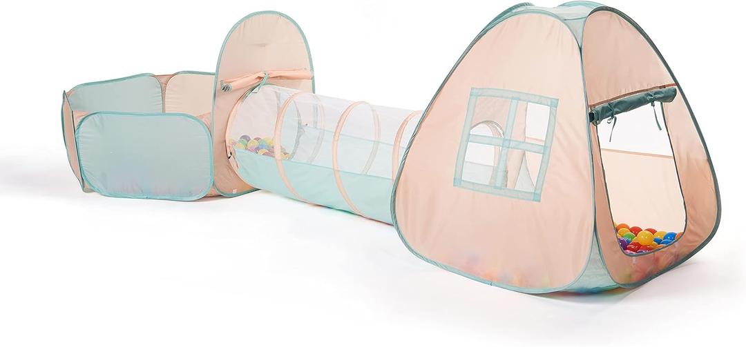 UTEX 3 in 1 Pop Up Play Tent with Tunnel, Ball Pit for Kids, Boys, Girls, Babies and Toddlers, Indoor/Outdoor Playhouse, Pink/ Green & Ball Pit