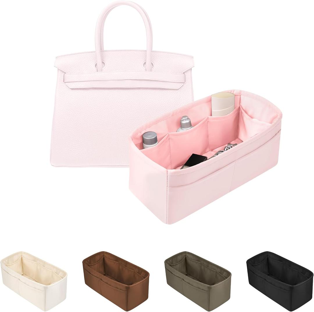 Purse Organizer Insert for Birkin 30, Lightweight & Soft Satin Organizer Insert with Pockets for Woman Bags, Ideal for Travel, Shopping, and Daily Use, Multicolor Options(Pink, BK30 Retourn)