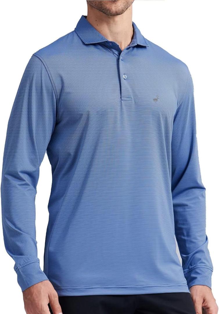 MICHEL ROUEN Golf Shirts for Men Short Sleeve Lightweight Quick Dry Pin Striped Casual Collared Polo Shirts (Blue, XXXL)