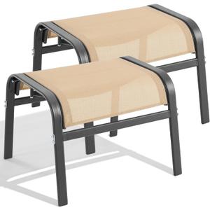 ONBRILL Outdoor Ottoman Set of 2, All Weather Outdoor Foot Stool with Supportive Textliene and Metal Frame, Stackable Oversized Outdoor Foot Rest for Furniture Patio Garden Pool, Beige
