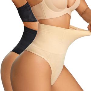 Dulchany Thong Shapewear Tummy Control Underwear for Women Seamless Body Shaper Panties, Black+beige-mid Waisted, Large