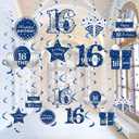 Blue Silver 16th Birthday Hanging Swirls Decorations for Boys, 16Pcs Happy 16 Year Old Birthday Foil Swirl Party Supplies, Sixteen Birthday Ceiling Hanging Decor