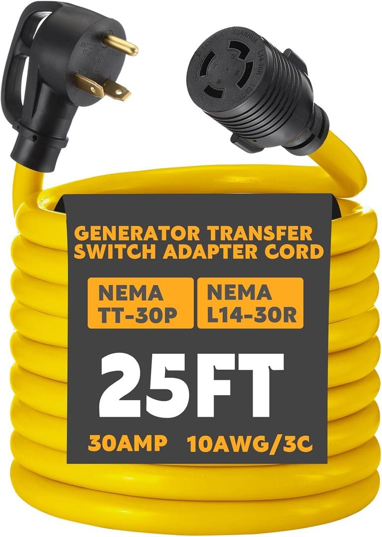 Kanayu 25 ft Generator Transfer Switch Adapter Cord Compatible with Nema Tt-30p to L14-30r, 30 Amp 3 Prong to 4 Prong Generator to House Inlet Box Adapter, STW 10 Awg, Etl Listed
