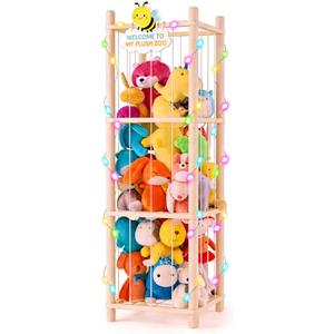 Stuffed Animal Storage Zoo Organizer Natural Pine Plushies Storage with Elastic Bands Vertical Wood Toy Holder Mesh Net Space Saving Design for Playroom Nursery Kids Bedroom (Wood Color Beeyellow Bee Board)