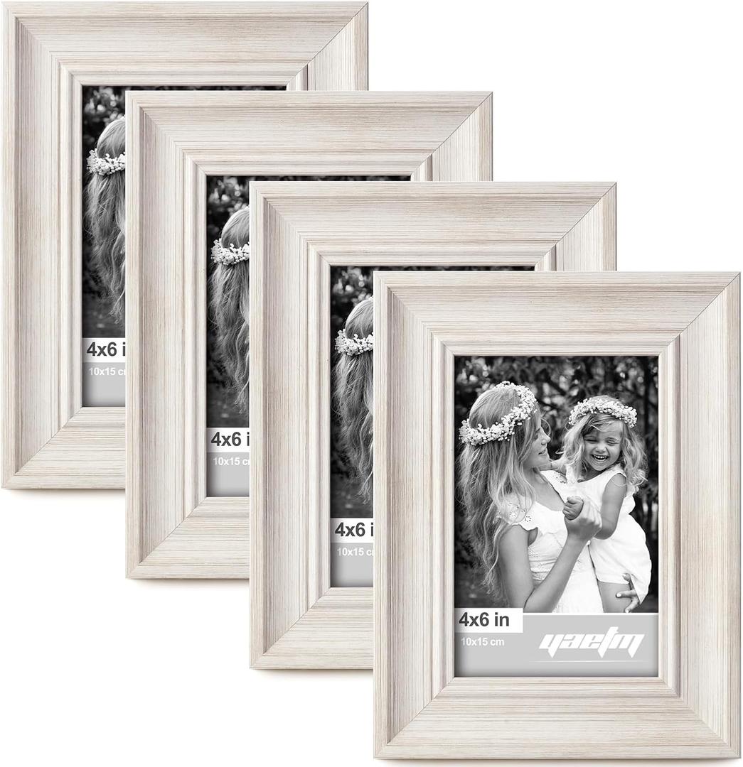 Yaetm 4x6 Picture Frame Set of 4, 1.4 Wide Molding & Rustic White Photo Frames with HD Tempered Glass, Display on Table Top & Wall Mounting (4 pack, Rustic White)