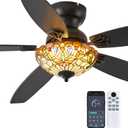 Ceiling Fans with Lights - 52" Ceiling Fan Chandelier with 5 Dual-Blades and Glass Shade, 6 Speeds and Reversible, Indoor and Outdoor, Retro Style, 52in