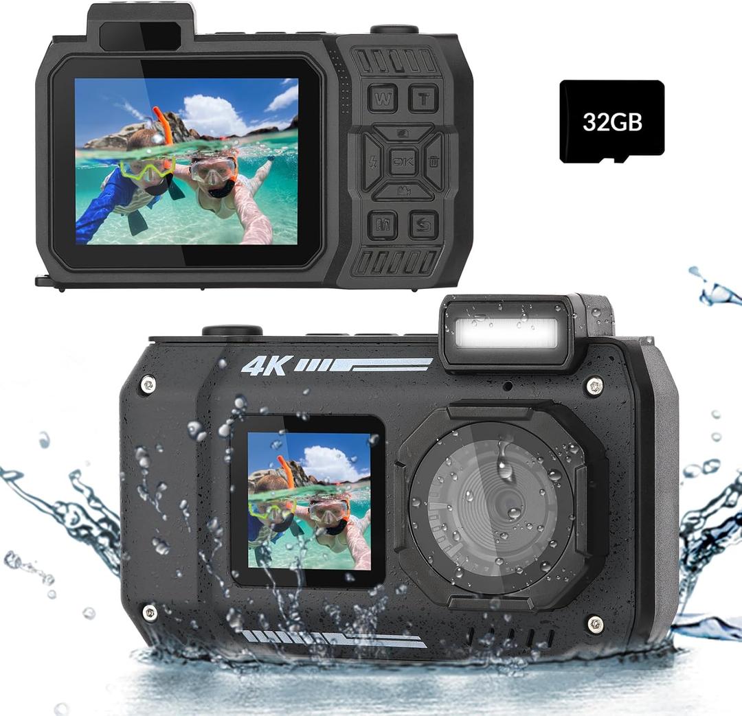 33FT Underwater Camera 4K 30FPS Waterproof Digital Camera with Dual Screens Selfie Built-in 2500 mAh Battery for Snorkeling,Novice Photographer,Black