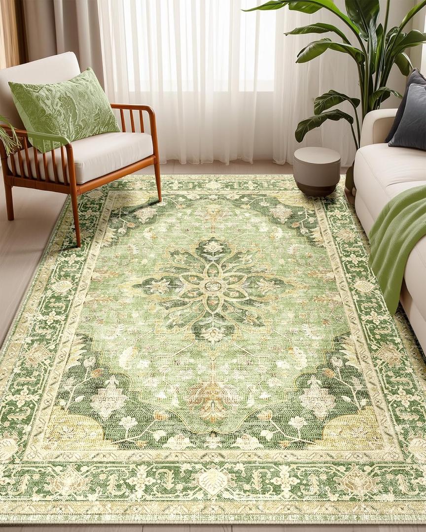 Area Rugs 5'x7' Washable Non-Slip, Floral Vintage Distress Print Pattern Medallion Carpet for Living Room Bedroom Dining Room, Sage Green Yellow (5x7, Green/Yellow)
