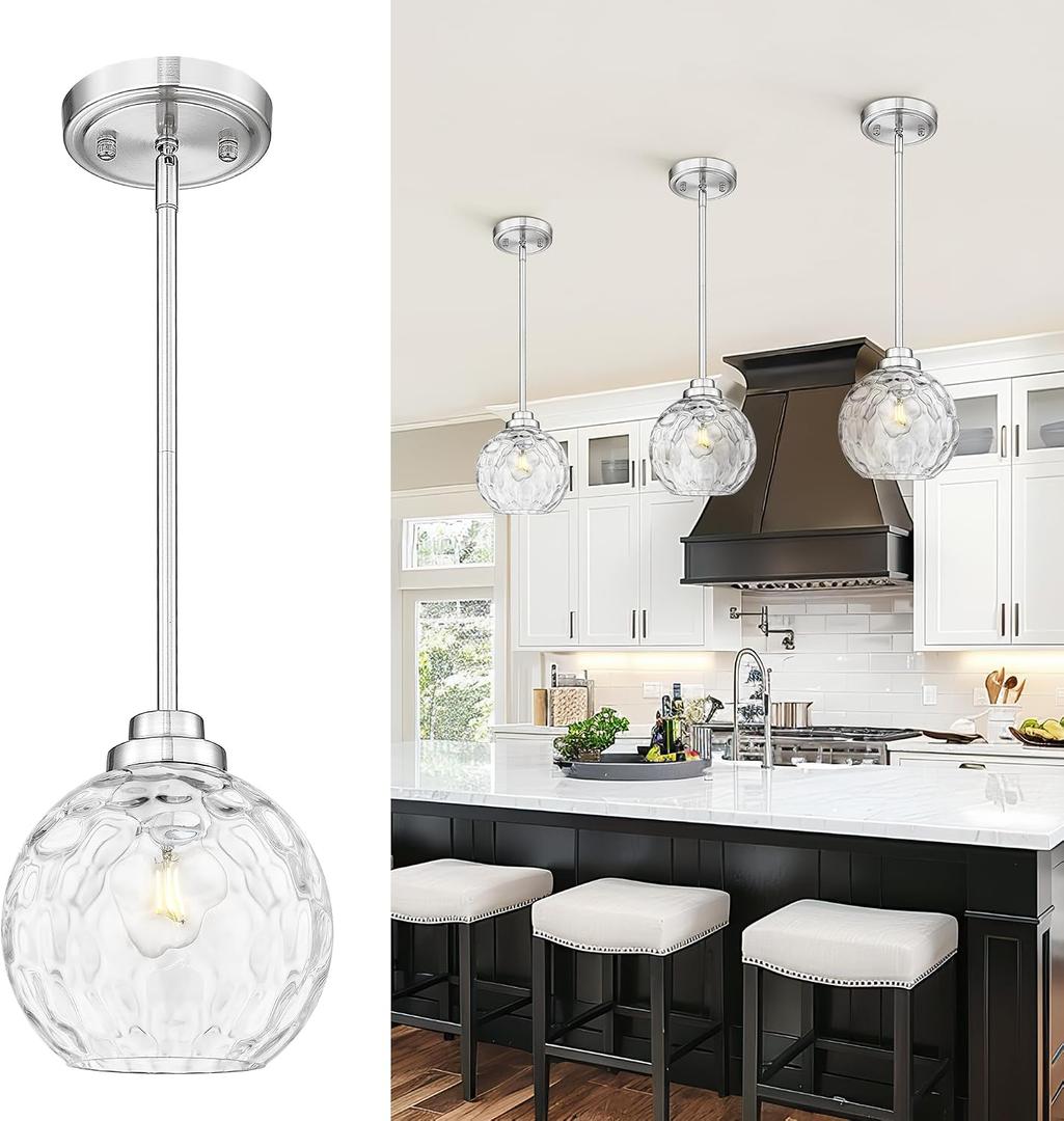 8-Inch Brushed Nickel Pendant Light,Hammered Globe Glass,PL101HBN-L