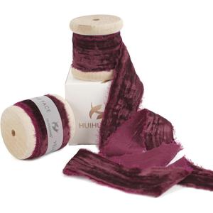 HUIHUANG Burgundy Velvet Ribbon - 1 inch Frayed Silk Velvet Ribbons for Ornaments, Crafts, Wreaths, Gift Wrapping, Floral Bouquet, Christmas Tree Decoration, Wedding Decor