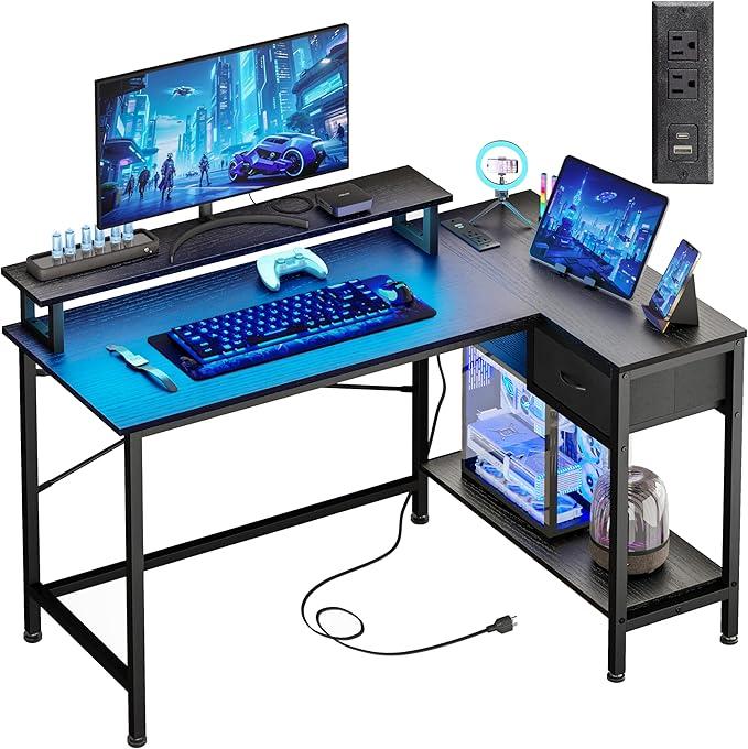 Fixwal Gaming Desk for Bedroom L Shaped Small Corner Computer Desk with Power Outlets and LED Lights, PC Desk, Home Office Desks with Drawer, Writing Desk Study Desk, Black