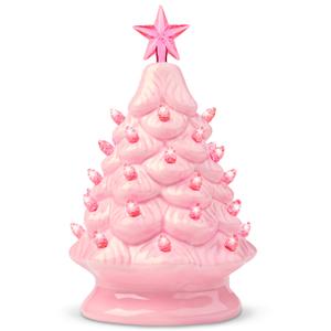 Joiedomi 7" Pink Ceramic Christmas Tree, Mini Prelit Tabletop Christmas Ceramic Tree with Extra Clear Top Star & Bulbs for Holiday Decoration Small Xmas Holiday Best Desk Tabletop Decoration (Pink)