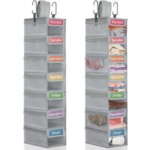 2 Pack 7 Shelf Weekly Clothes Organizer Hanging Closet for Kids with Side Pockets Weekday Shoes Rack Weekly Clothes Organizers Monday Through Weekend Foldable Storage Shelves(Gray)