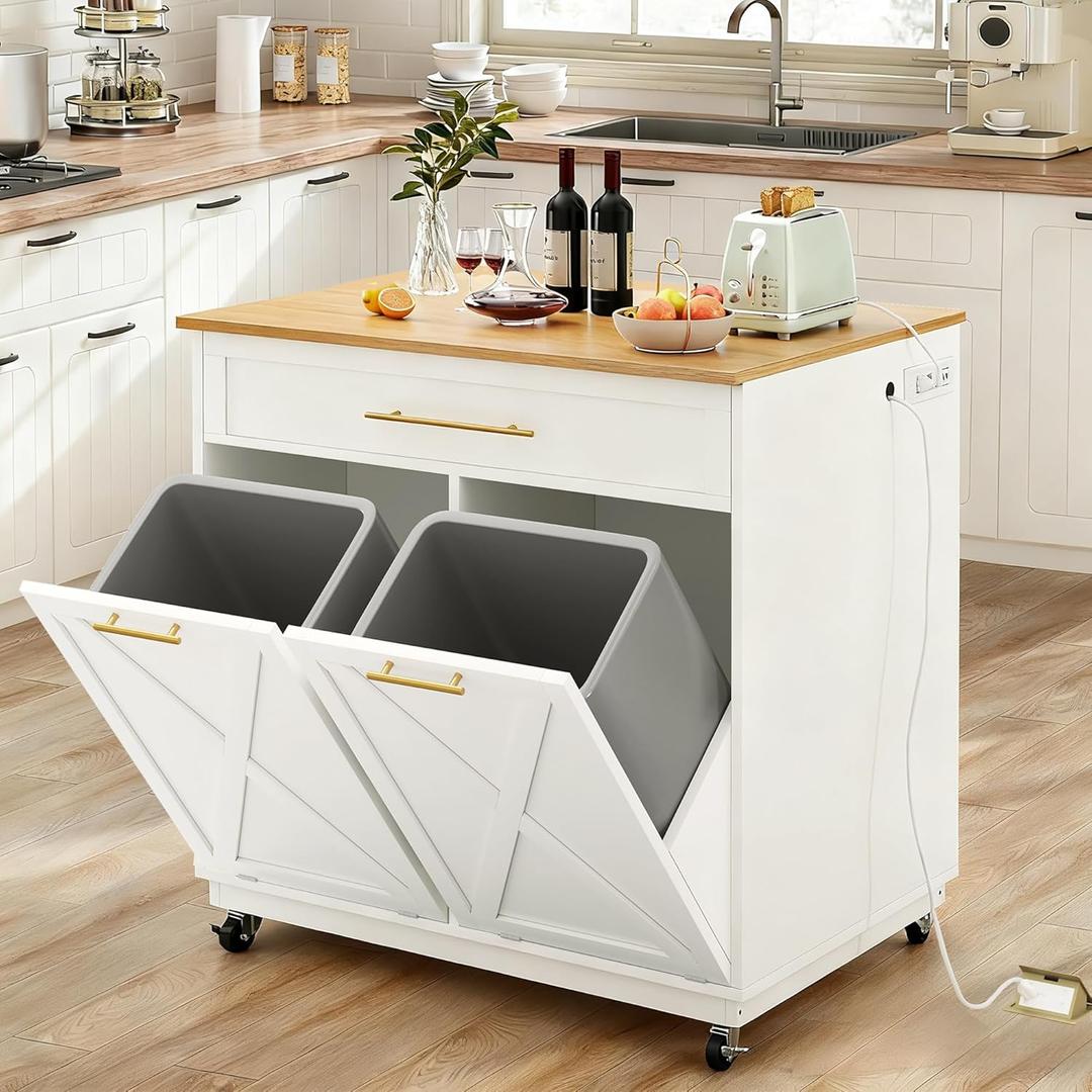 YITAHOME Double Tilt Out Garbage Cabinet with Power Outlet, Hidden Garbage Cabinet Fit 20-Gallon Bin, Pet-Proof Rolling Garbage Can Storage, Garbage and Recycling Island for Kitchen Dining Room, White
