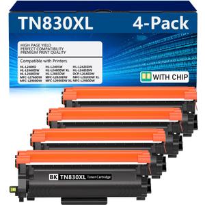 TN830XL High Yield Toner 4 Pack Compatible for TN830XL TN830XL/V/R Toner Cartridge Work for DCP-L2640DW MFC-L2820DW HL-L2400D HL-L2460DW HL-L2405W HL-L2465DW HL-L2480DW MFC-L2900DW Printer