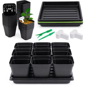 Seed Starter Tray Kit 3.5" Square Nursery Pots Trays 50 Pcs 9 Cell Seed Starting Pots with Drainage Holes 5 Seed Starting Trays 20 Plant Labels, Planting Tools and 1 Pen Planter Nursery Propagation