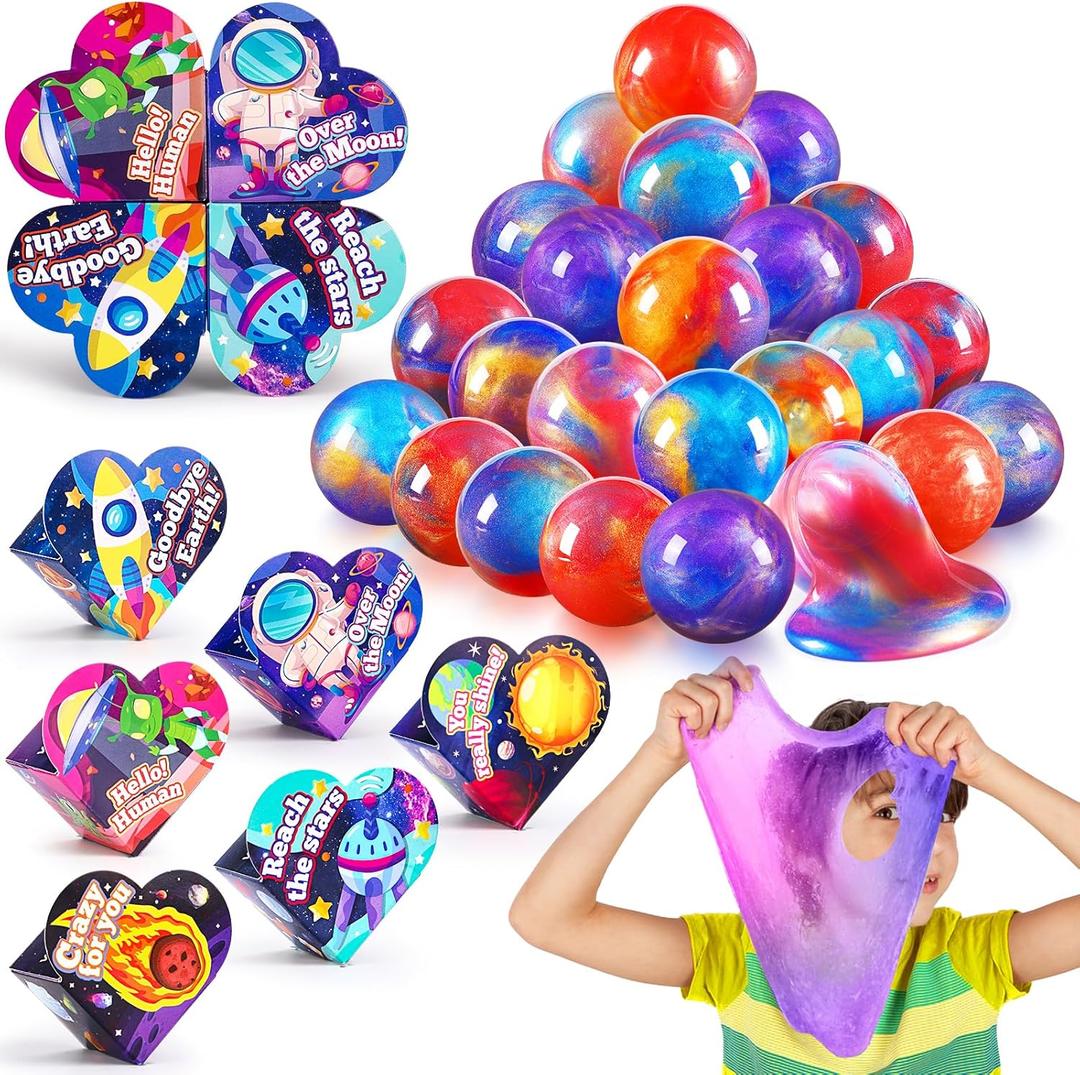 30 Pack Valentines for Kids Galaxy Slime Ball Kits with Cards Valentine Party Favors Valentines Cards for Kids Classroom Exchange Gifts School Game Prizes for Boys Girls