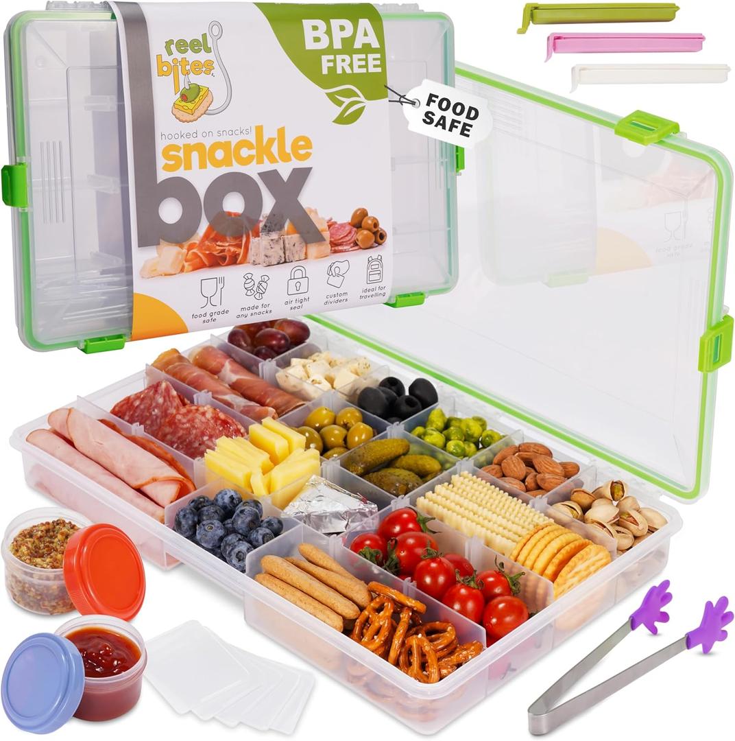 Reel Bites BPA Free Large Snackle Box Container for Travel - Snacklebox Container for Snacks - Snack Tackle Box for Snacks - Snack Tray with Lid - Waterproof, Dishwasher Safe, Adjustable