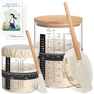 100oz/30oz Sourdough Starter Kit Set of 2, Extra Large Capacity Sourdough Starter Glass Jar with Silicone Spatula,Thermometer,Feeding Band,Sourdough Bread Baking Supplies