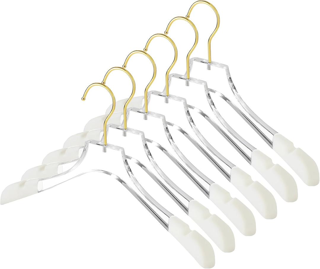 Besser Luxury Acrylic Hangers 15in,6 Pack Gold Acrylic Hangers with Wide Shoulders for Coat Suit,Premium Crystal Non-Slip Hangers with Gold Hook,Acrylic Suit Hangers