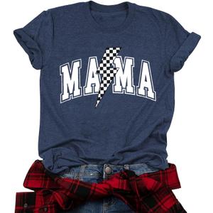 Funny Mama Bow Shirts for Women Checkered Mom T-Shirt Momma Graphic Short Sleeve Tee Top (Blue, L)