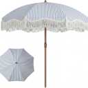7ft Patio Umbrella with Fringe, Boho Beach Umbrellas, Outdoor Tassels Umbrellas with Push Button Tilt & Carrying Bag, 8 Windproof Fiberglass Ribs, UPF50+ (Blue & White Stripe)