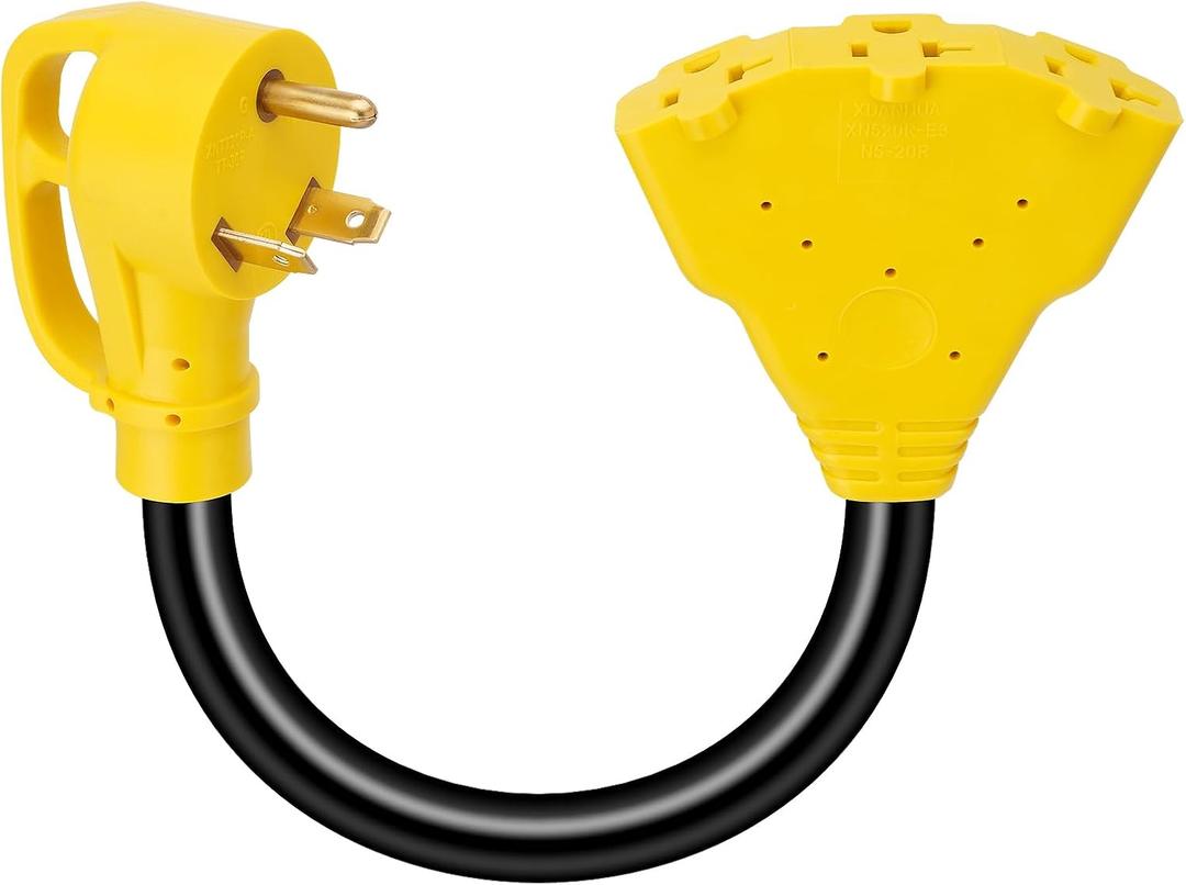 30 Amp to 20 Amp 110 RV Distribution Adapter Cord3-Prong NEMA TT-30P Male to 3X5-15/5-20R Female1.5 FT Yellow Multiple RV Household Outlet