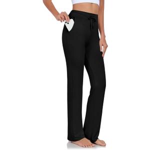 ADANIKI Womens Yoga Pants with Pockets Straight-Leg Loose Comfy Modal Drawstring Lounge Running Long Active Casual Sweatpants (Black, M)