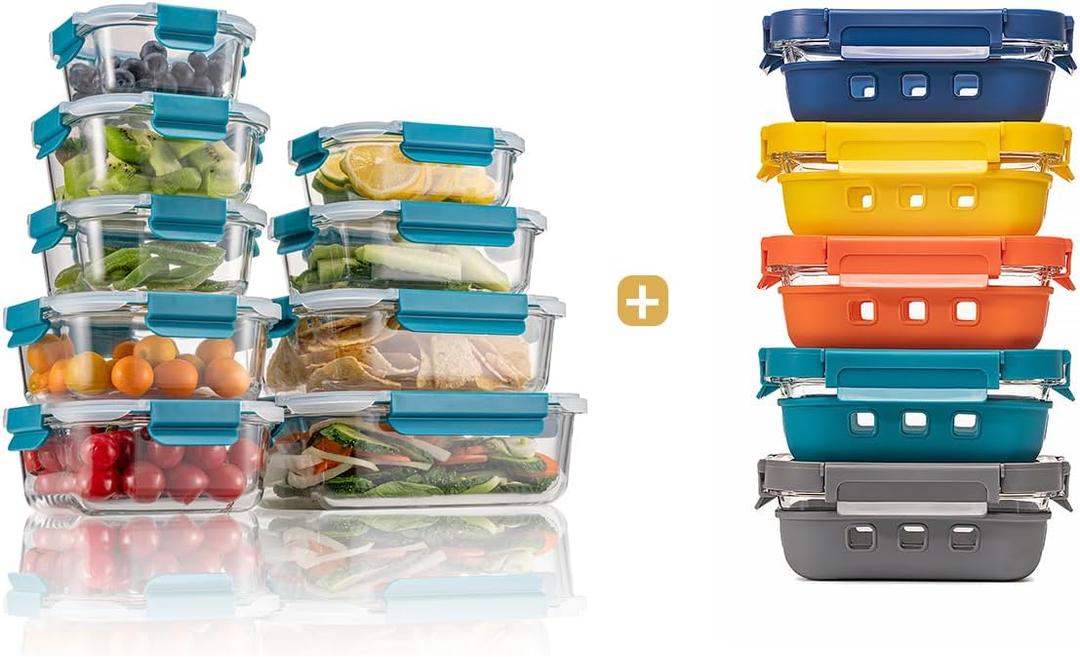 18 Piece Borosilicate Glass Turquoise Food Storage Containers &Meal Prep Bento Boxes