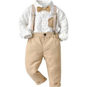SALNIER Toddler Boy Suit Baby Boys Wedding Dress Outfit Formal Gentleman Clothes Set Dress Shirt Bowtie Suspenders Pants (12-18 Months, Beige White) SALNIER Toddler Boy Suit Baby Boys Wedding Dress Outfit Formal Gentleman Clothes Set Dress Shirt Bowtie Suspenders Pants (12-18 Months, Beige White)